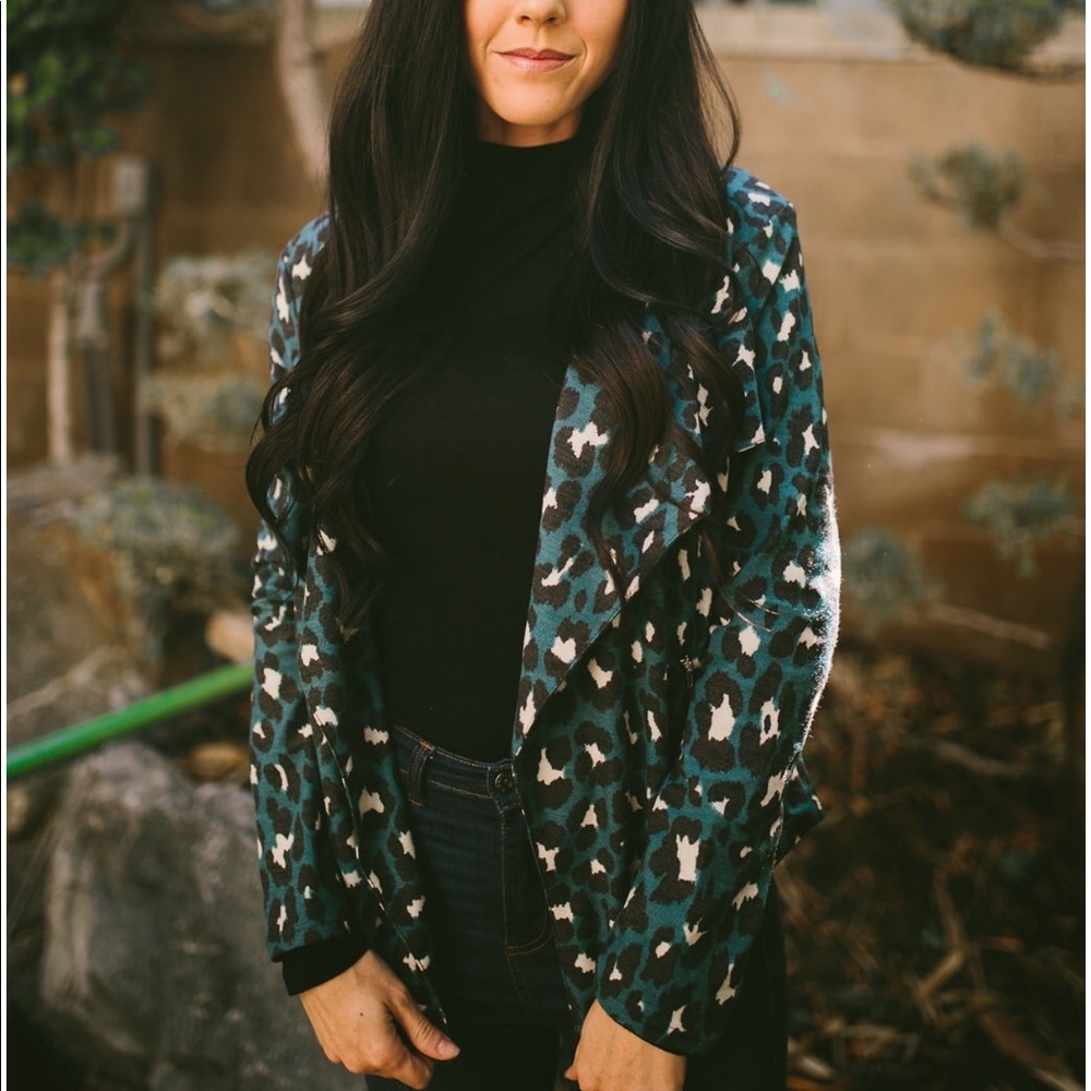 Leopard Print Open Front Jacket - Teal